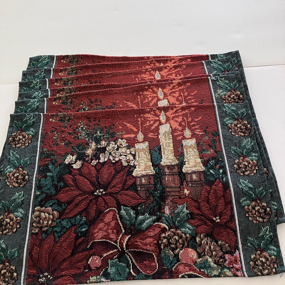 Festive Tapestry Placemats with Candles and Poinsettias